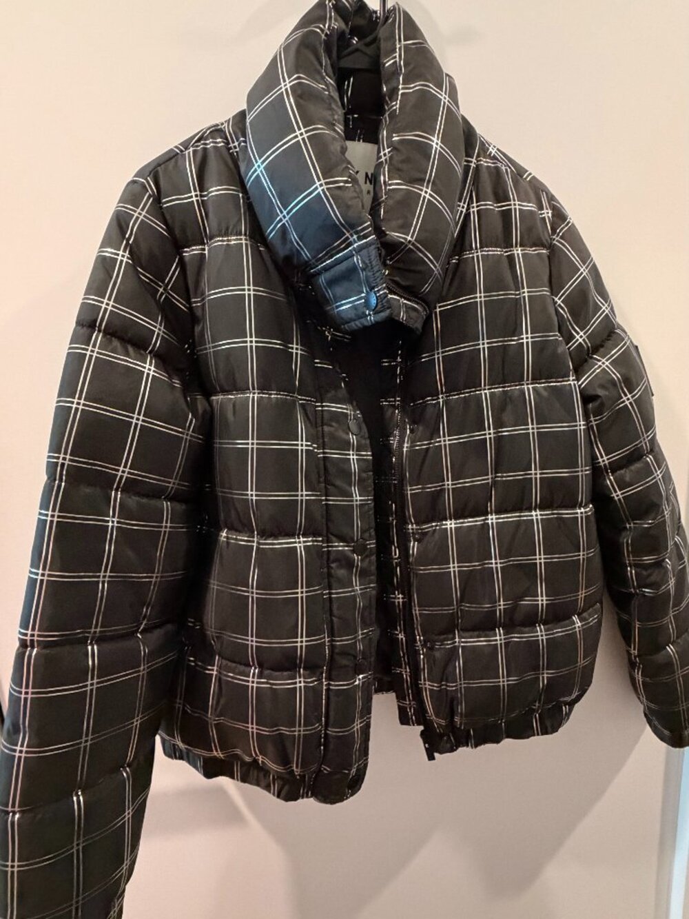 DKNY Sport Metallic Plaid Puffer Jacket Black Silver Size Small